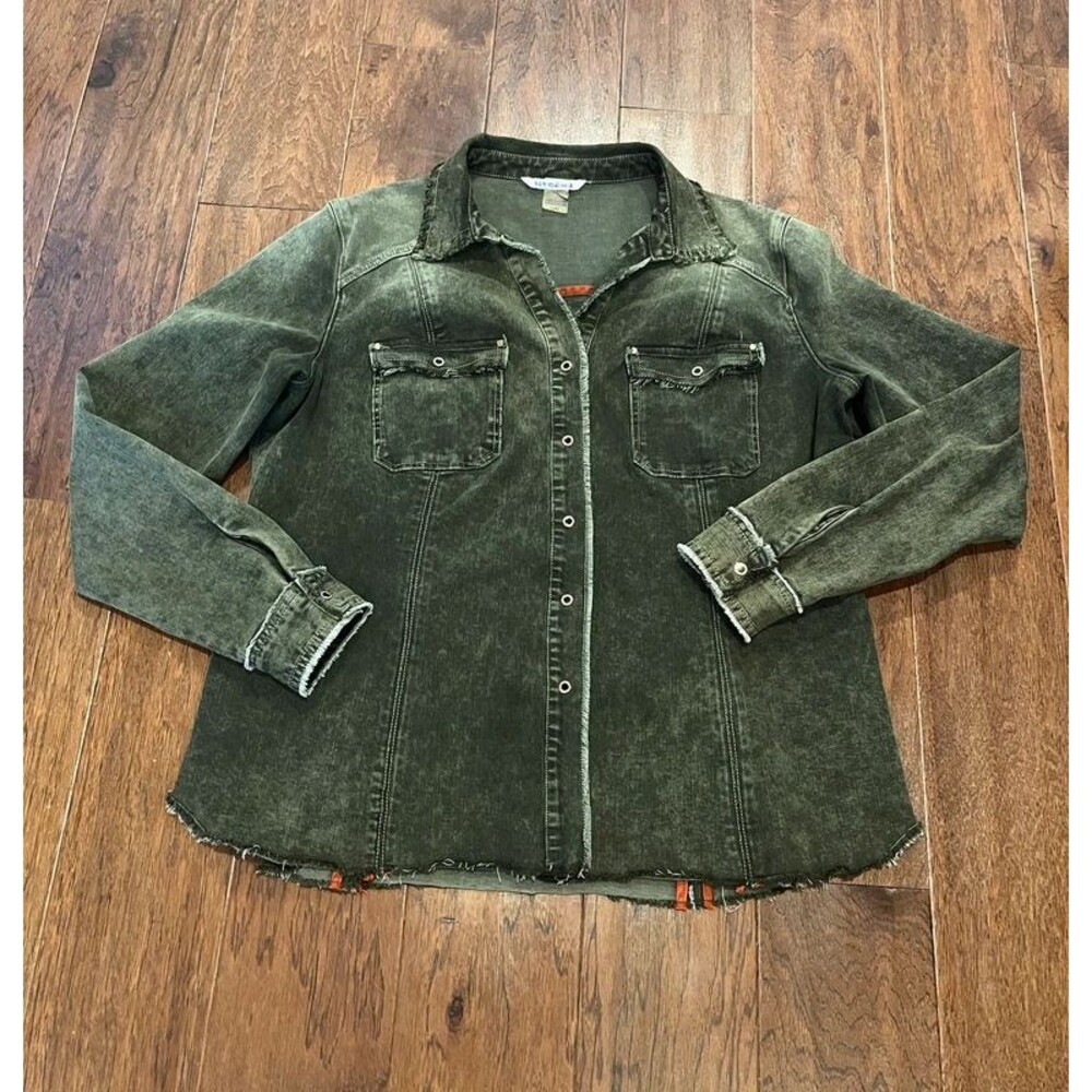 Peter Nygard Distressed Olive Green Denim Shacket Size L
